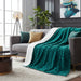 Teal blanket draped over a gray sofa in a living room with a plant and artwork.