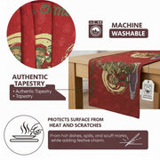 Red table runner with festive design on a wooden table, featuring machine washable and authentic tapestry properties.