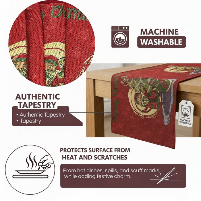 Red table runner with festive design on a wooden table, featuring machine washable and authentic tapestry properties.