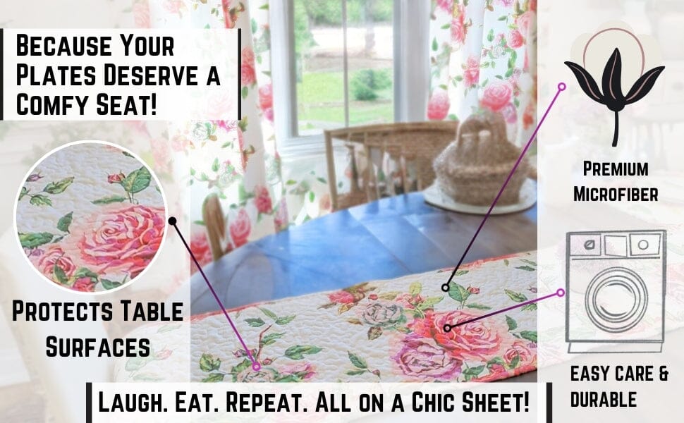 DaDa Bedding Romantic Roses Pink White Lovely Floral Quilted Dining Table Runner (879)