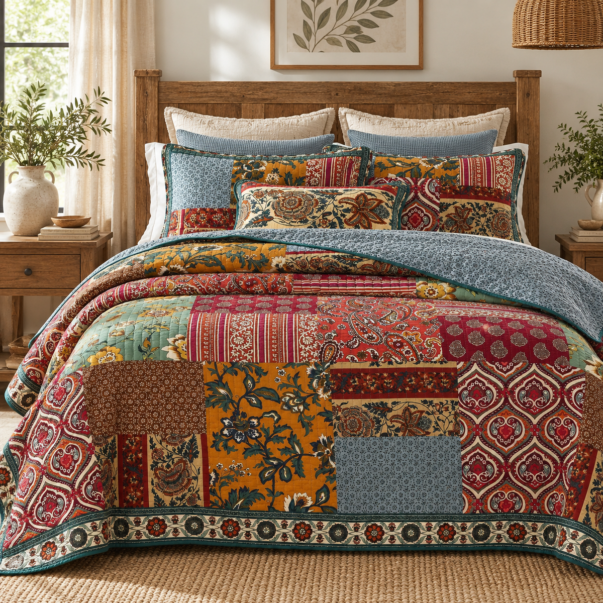 DaDa Bedding Dark Elegance Bohemian Floral Cotton Patchwork Bedspread Set (JHW-550)