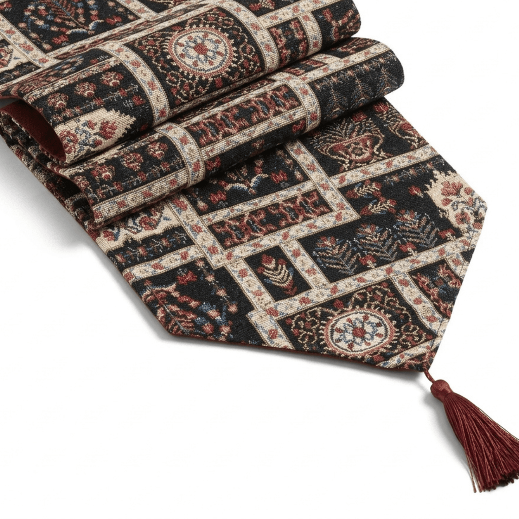 Woven Mughal Floral Tapestry Table Runner, Dark Noir Botanical Vintage Fleur