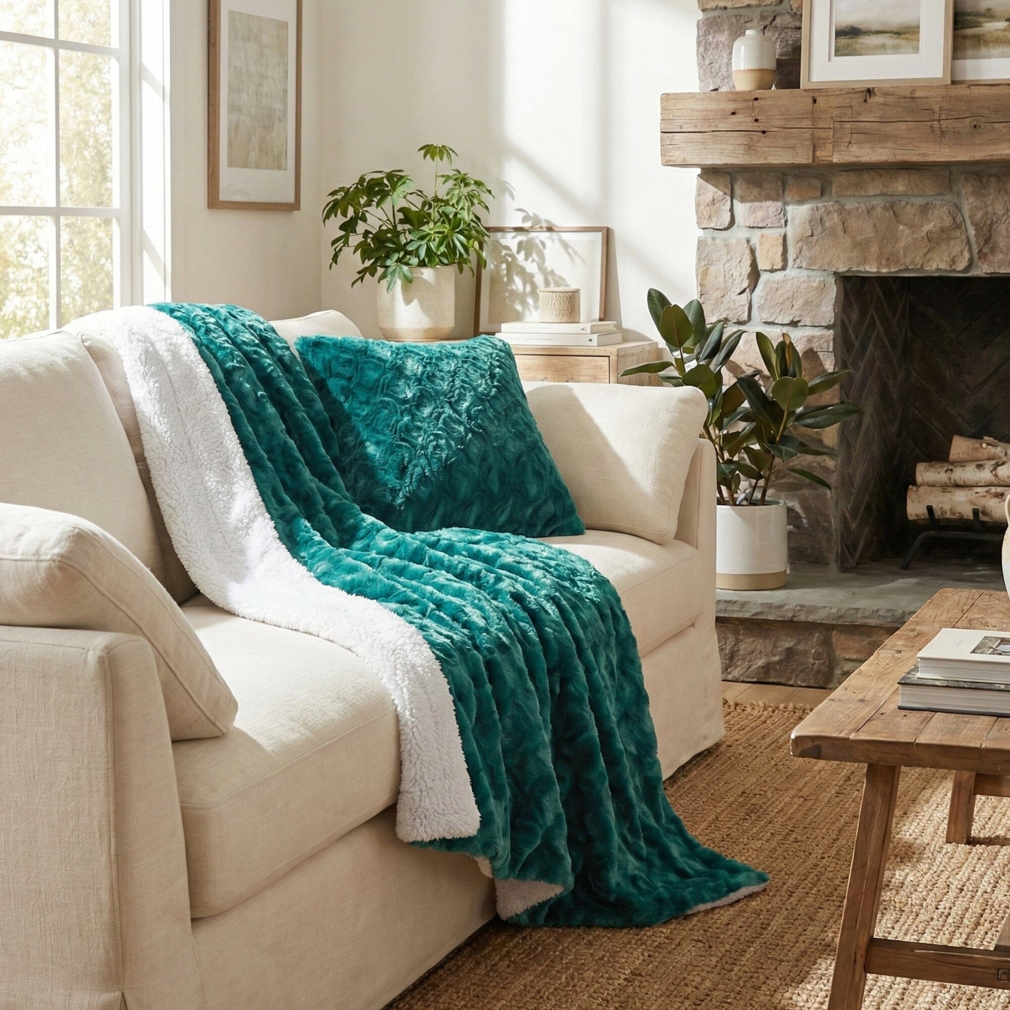 Cozy living room with a beige sofa, teal blanket, and stone fireplace.