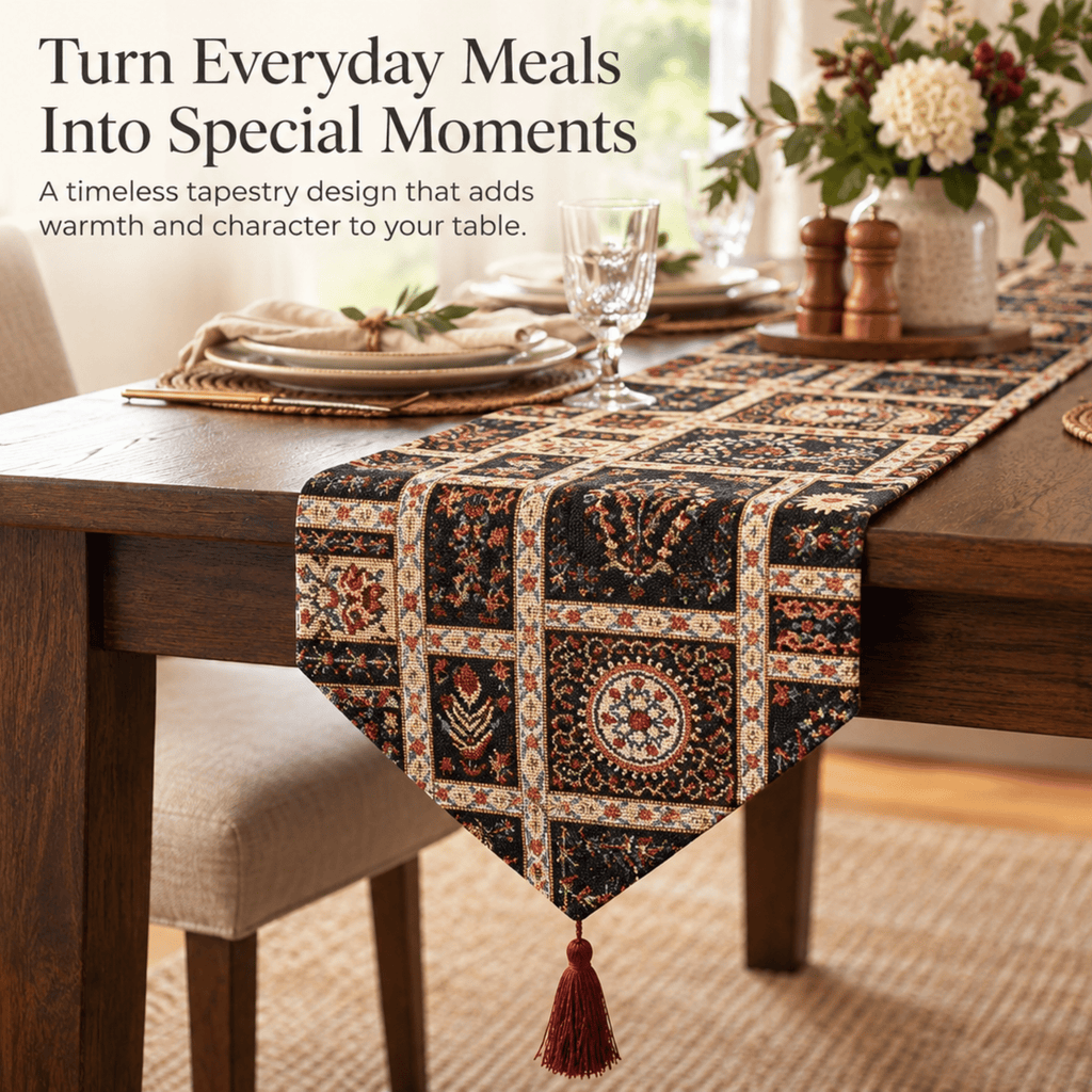 Woven Mughal Floral Tapestry Table Runner, Dark Noir Botanical Vintage Fleur