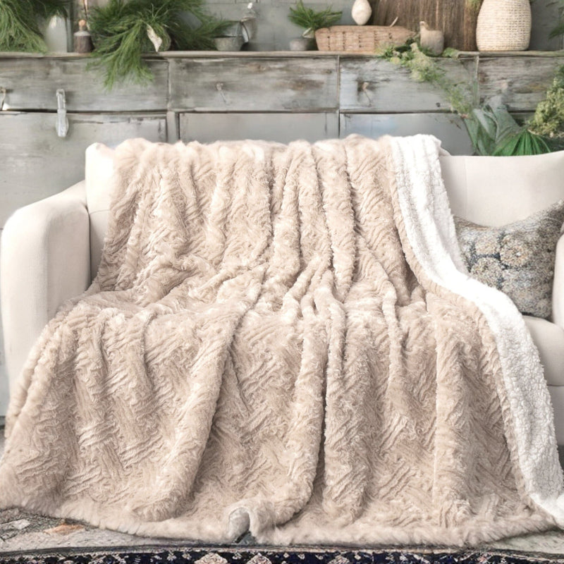 DaDalogy Bedding Champagne Ivory Faux Fur Throw Blanket - Dreamy Gold Geometric Embossed Sherpa Backside - Super Soft Warm Cozy Plush Fluffy - DaDa Bedding Collection