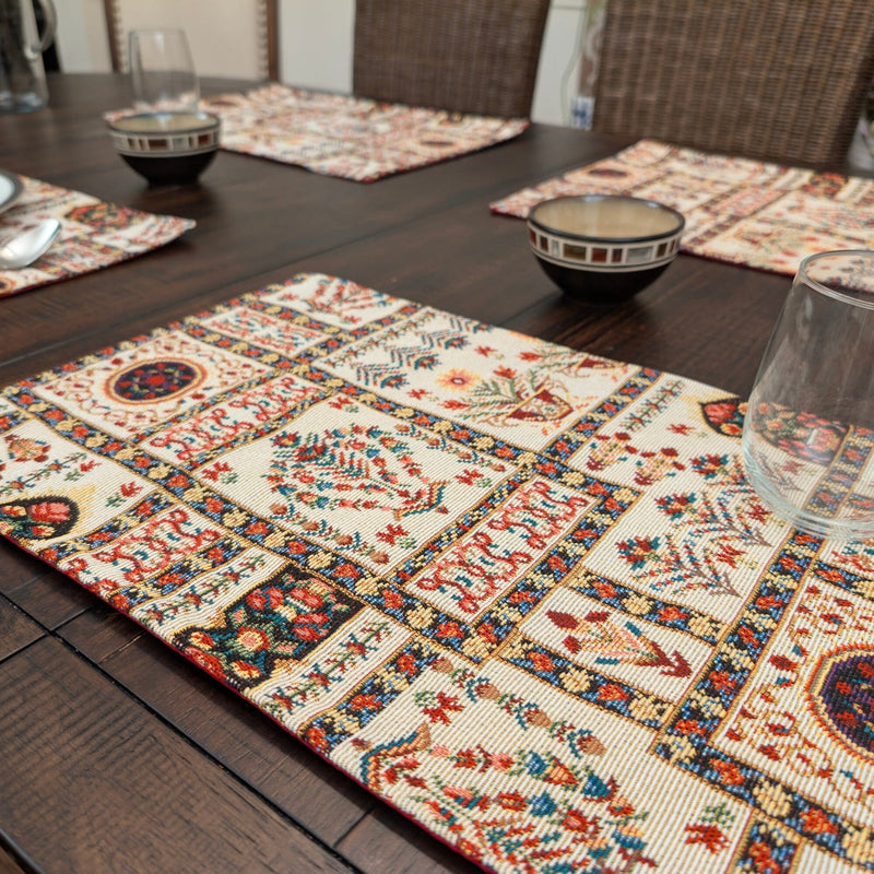 DaDalogy Bedding Set of 4-Pieces Light White Mughal Floral Botanical Cottage Fleur Tapestry Placemats 13” x 19” (18196) - DaDa Bedding Collection