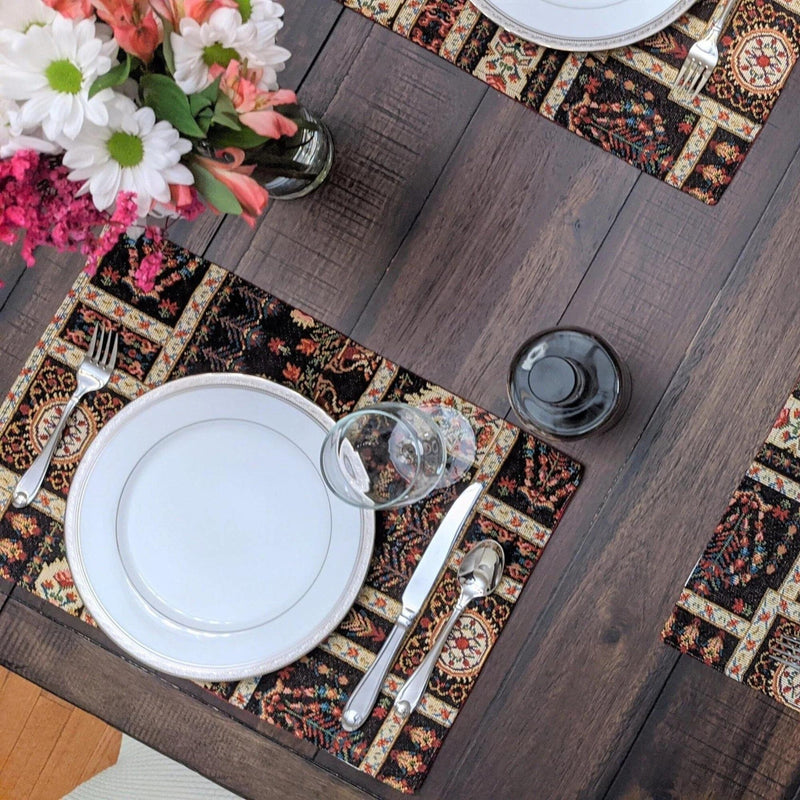 DaDalogy Bedding Set of 4-Pieces Dark Noir Mughal Floral Botanical Vintage Fleur Tapestry Placemats 13” x 19” (18197) - DaDa Bedding Collection