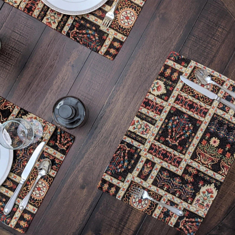 DaDalogy Bedding Set of 4-Pieces Dark Noir Mughal Floral Botanical Vintage Fleur Tapestry Placemats 13” x 19” (18197) - DaDa Bedding Collection