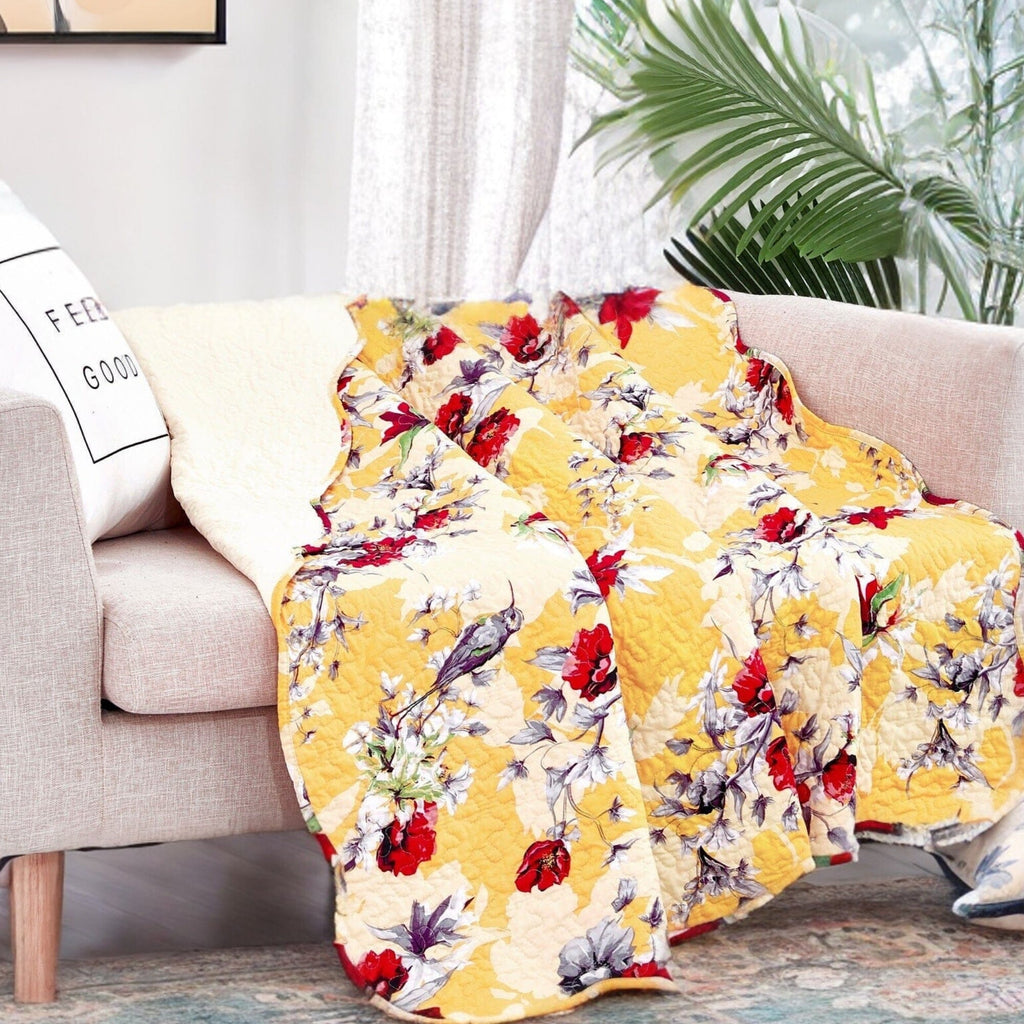 DaDa Bedding Yellow Floral Quilted Throw Blanket - Hummingbirds