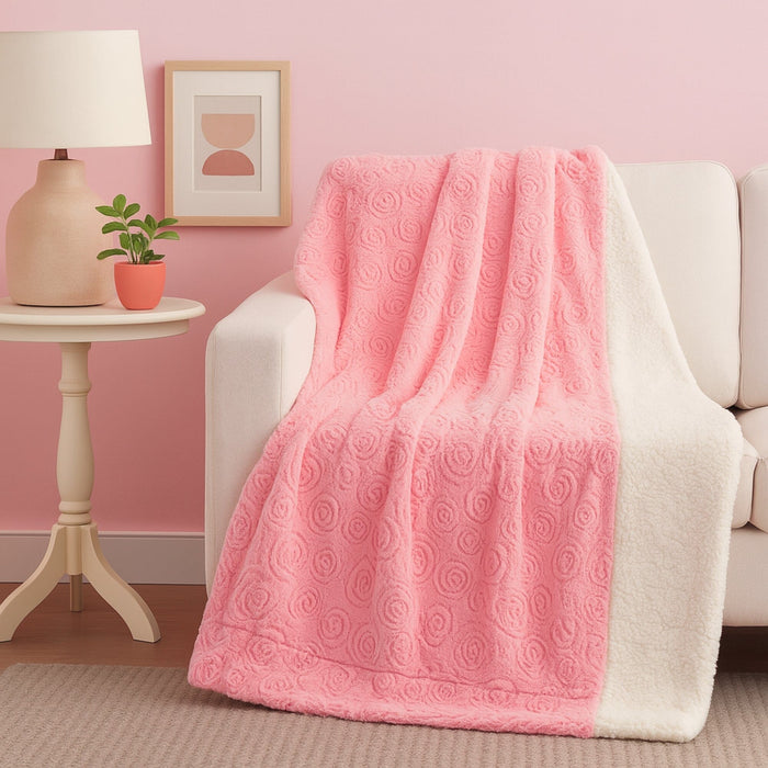 DaDa Bedding Luxury Blossom Pink Rose Buds Pink Sherpa Backside Faux Fur Throw Blanket (BL-171752)