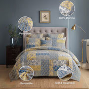 Patchwork quilt set on a bed with room details, highlighting features like patchwork and softness.