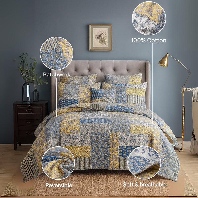 Patchwork quilt set on a bed with room details, highlighting features like patchwork and softness.