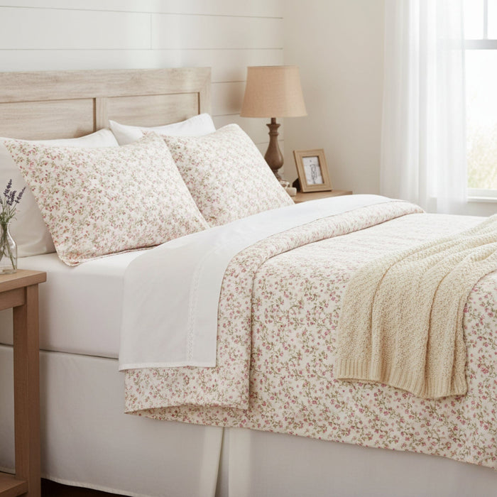 DaDa Bedding Collection Romantic Coquette Sheet Set - 100% Cotton [ Poplin Cotton ] Floral Fitted & Flat Sheets with Pillowcases - Deep Pocket Design - Soft, Breathable, Wrinkle-Resistant