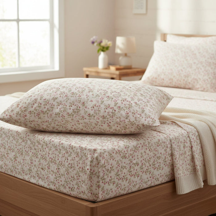 DaDa Bedding Collection Romantic Coquette Sheet Set - 100% Cotton [ Poplin Cotton ] Floral Fitted & Flat Sheets with Pillowcases - Deep Pocket Design - Soft, Breathable, Wrinkle-Resistant