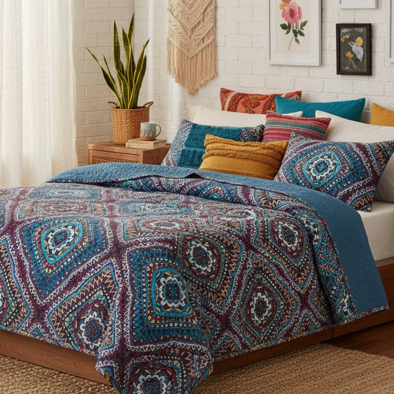 DaDa Bedding Farmhouse Bohemian Native Rustic Navy Blue Geometric Diamond Shapes Bedspread Set (KSX-001)