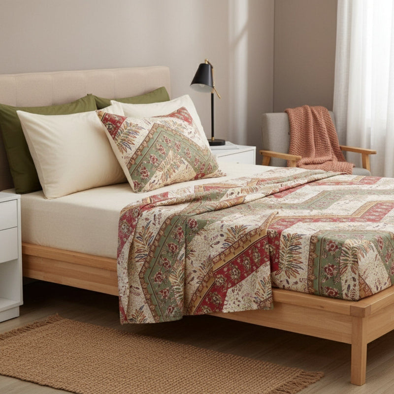 DaDa Bedding Botanical Cranberry Sage Chevron Floral Flat Bed Sheet w/ Pillowcases (JHW-924-Flat)