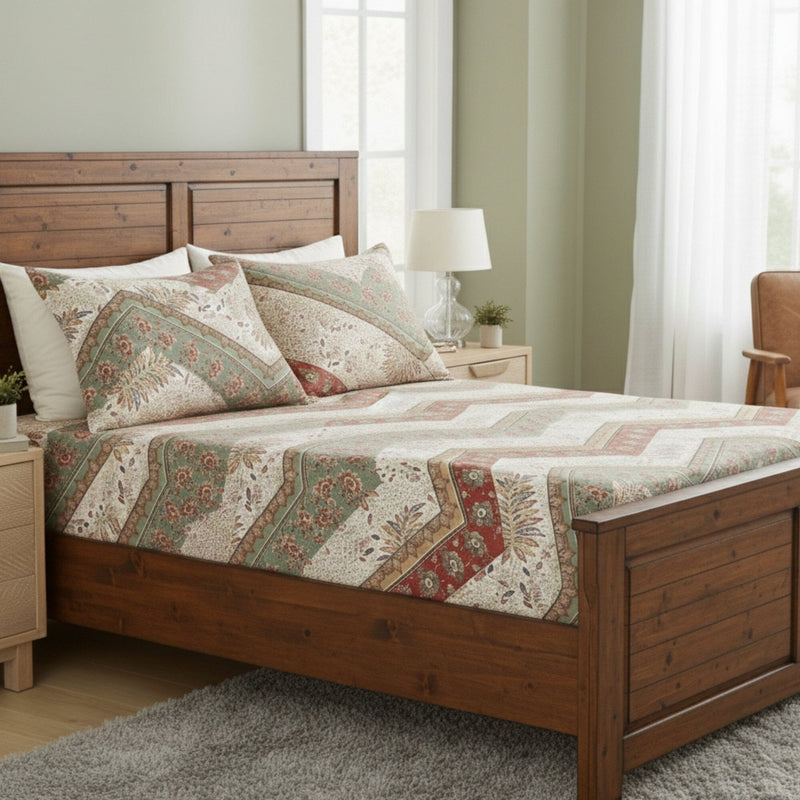 Fitted sheet deep pocket with wooden bed and patterned bedding