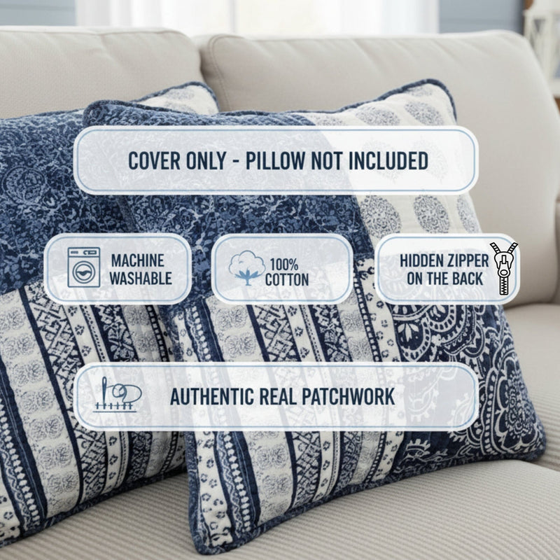 Rustic country style navy blue and white cotton pillow covers with floral paisley patchwork design for couch, bed, or living room décor.