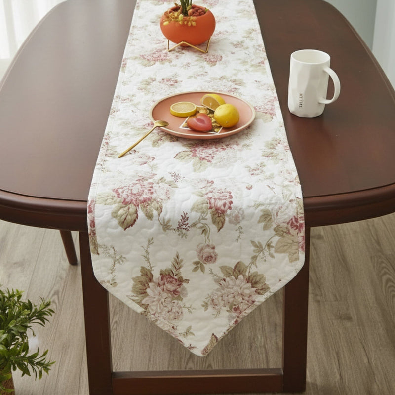 DaDa Bedding Hint of Mint Cottage Floral Roses Quilted Cotton Dining Table Runner (3036)