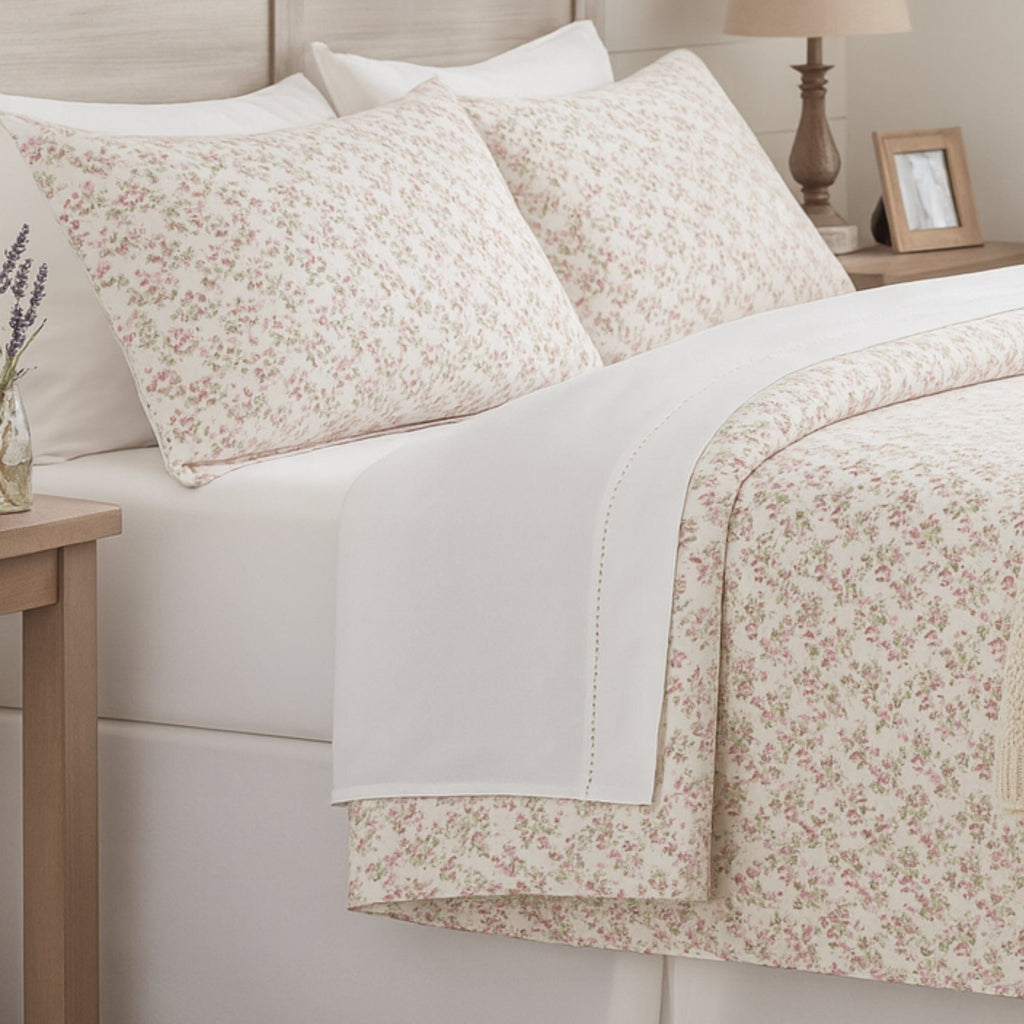 DaDa Bedding Collection Romantic Coquette Sheet Set - 100% Cotton [ Poplin Cotton ] Floral Fitted & Flat Sheets with Pillowcases - Deep Pocket Design - Soft, Breathable, Wrinkle-Resistant