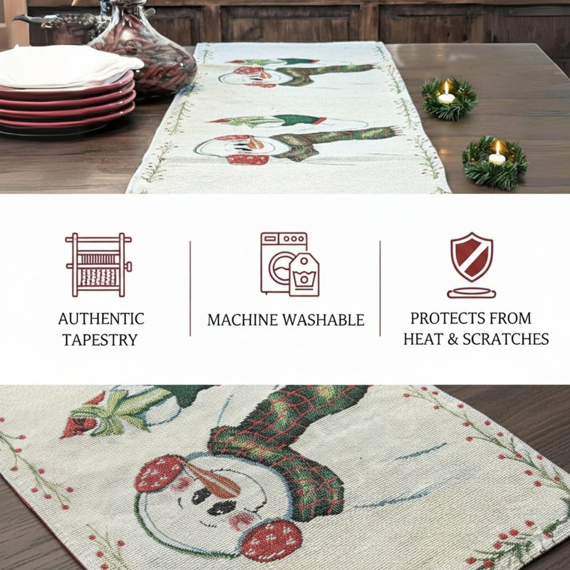 Christmas-themed table runner with snowman design on a wooden table, featuring icons and text about product features.