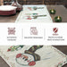 Christmas-themed table runner with snowman design on a wooden table, featuring icons and text about product features.