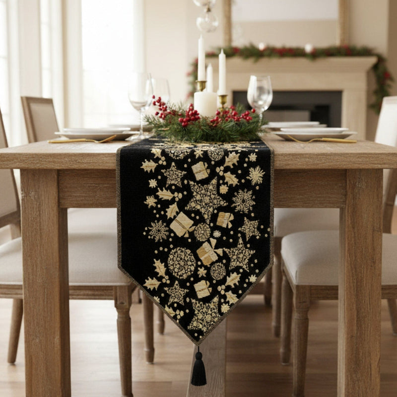 deer festive black and gold tapestry table runner merry christmas