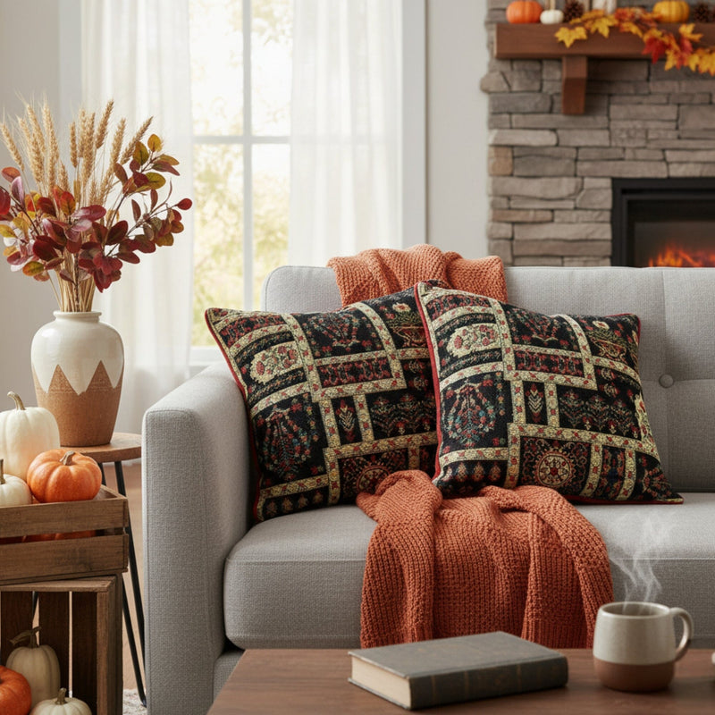 Cozy living room with a gray sofa, patterned pillows, and autumn decorations.