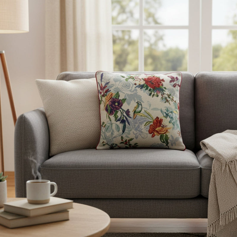 Gray sofa with floral pillow and coffee on a small table in a bright living room.