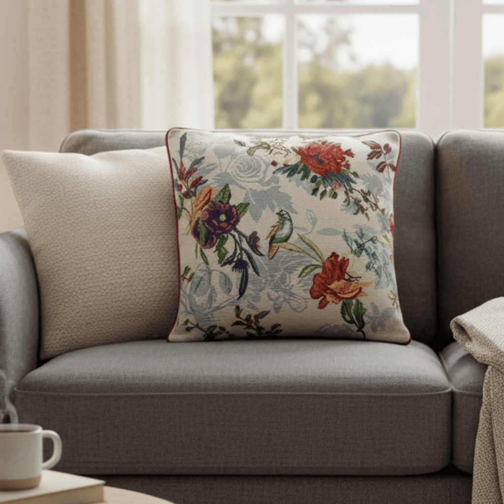 Floral-patterned pillow on a gray sofa with a cup and book in the foreground.