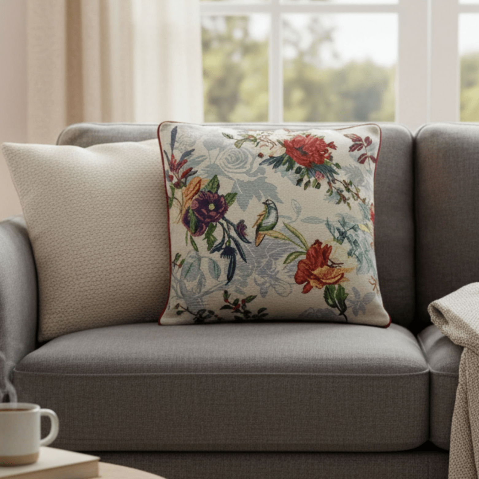 Floral-patterned pillow on a gray sofa with a cup and book in the foreground.