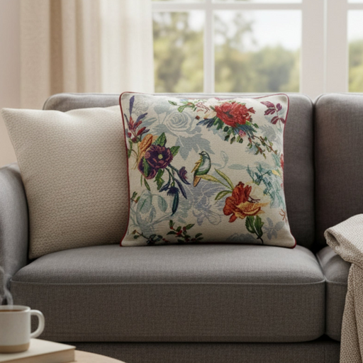 Floral-patterned pillow on a gray sofa with a cup and book in the foreground.