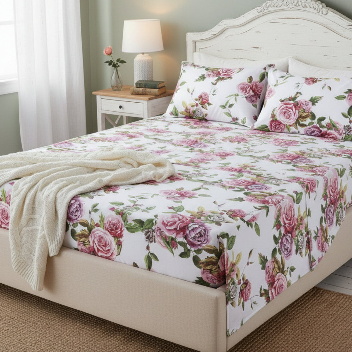 DaDa Bedding Romantic Roses Lovely Spring Pink Floral Fitted Bed Sheet w/ Pillow Cases (JHW879-Fitted) main image 0