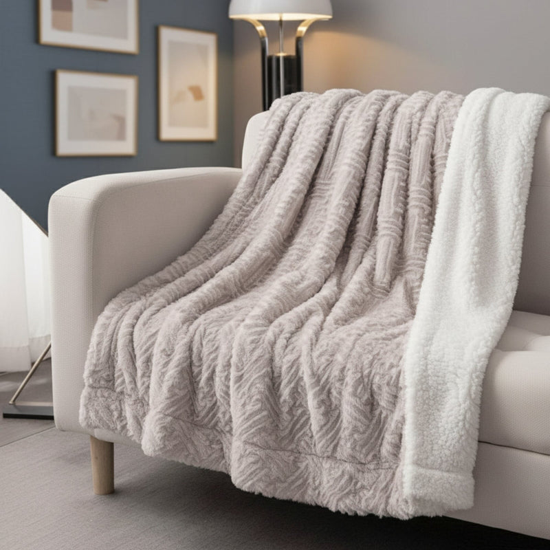 DaDalogy Bedding Lavender Grey Faux Fur Throw Blanket - Dreamy Geometric Embossed Sherpa Backside - Super Soft Warm Cozy Plush Fluffy