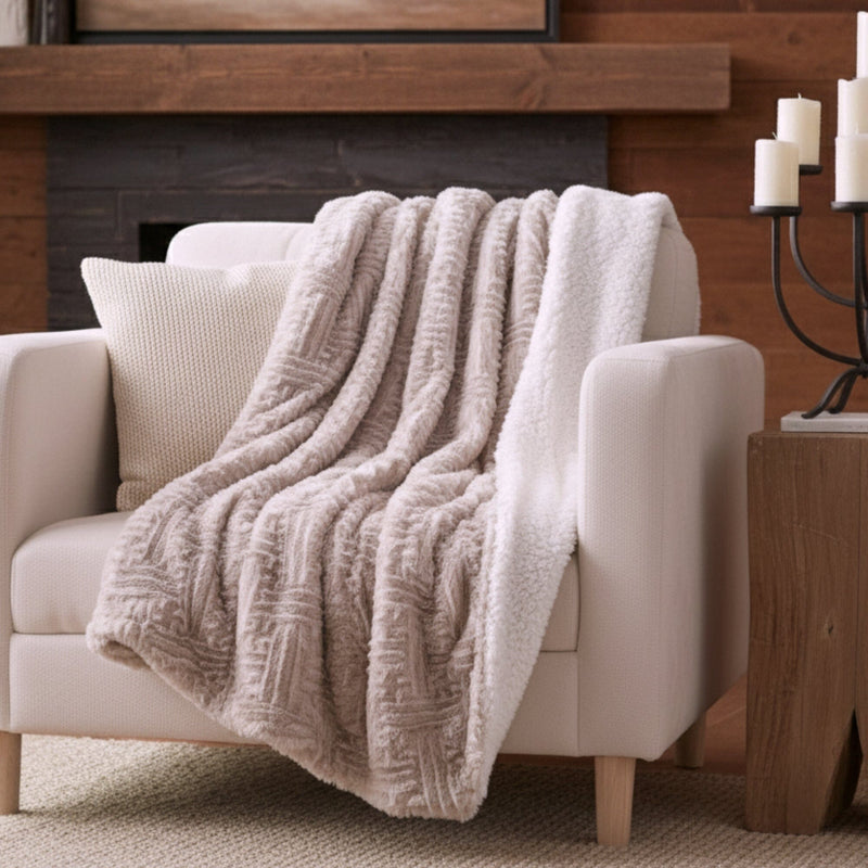 DaDalogy Bedding Lavender Grey Faux Fur Throw Blanket - Dreamy Geometric Embossed Sherpa Backside - Super Soft Warm Cozy Plush Fluffy