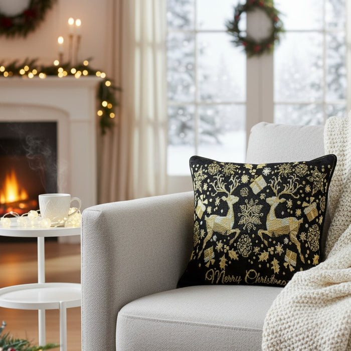 DaDa Bedding Magical Golden Reindeer Woven Tapestry Throw Pillow Covers 16" x 16"