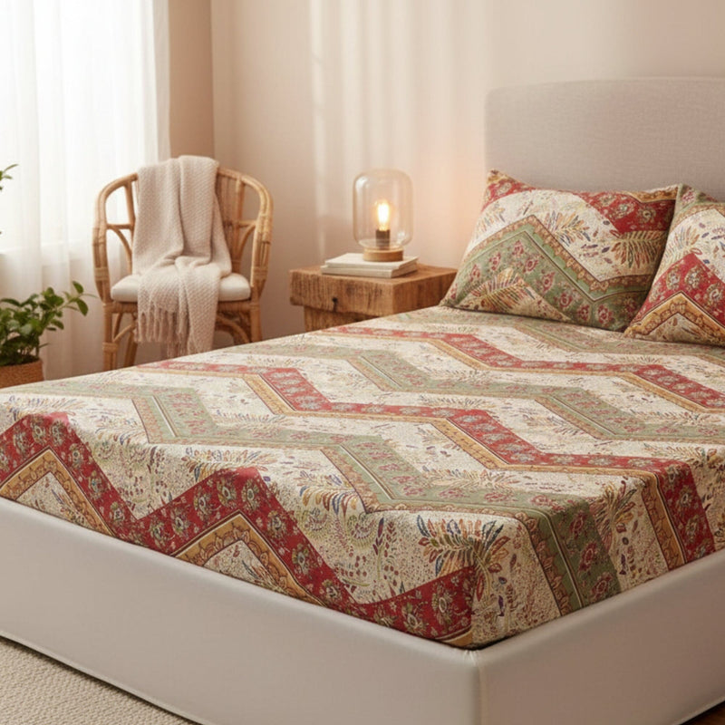 Fitted sheet with elastic with patterned sheet and pillowcases in a bedroom setting