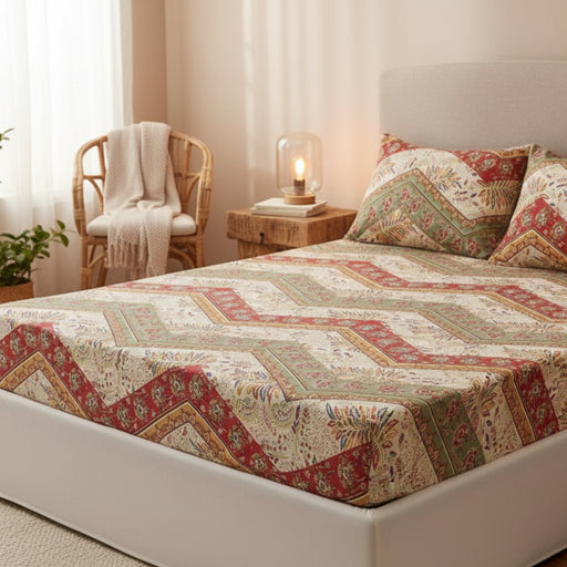 Fitted sheet with elastic with patterned sheet and pillowcases in a bedroom setting