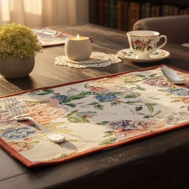 DaDa Bedding Set of 4-Pieces Vintage Romantic Roses Lovely Pink Floral Tapestry Placemats 13” x 19” (879)