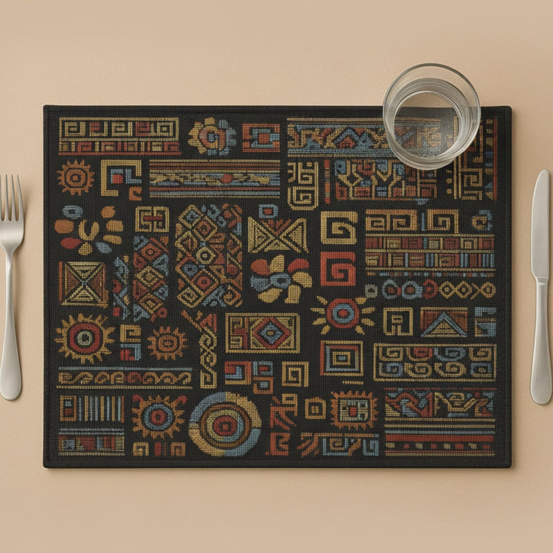 DaDa Bedding Set of 4-Pieces Ethnic Ornaments Geometric Black Tapestry Dining Placemats 13” x 19” (18118)