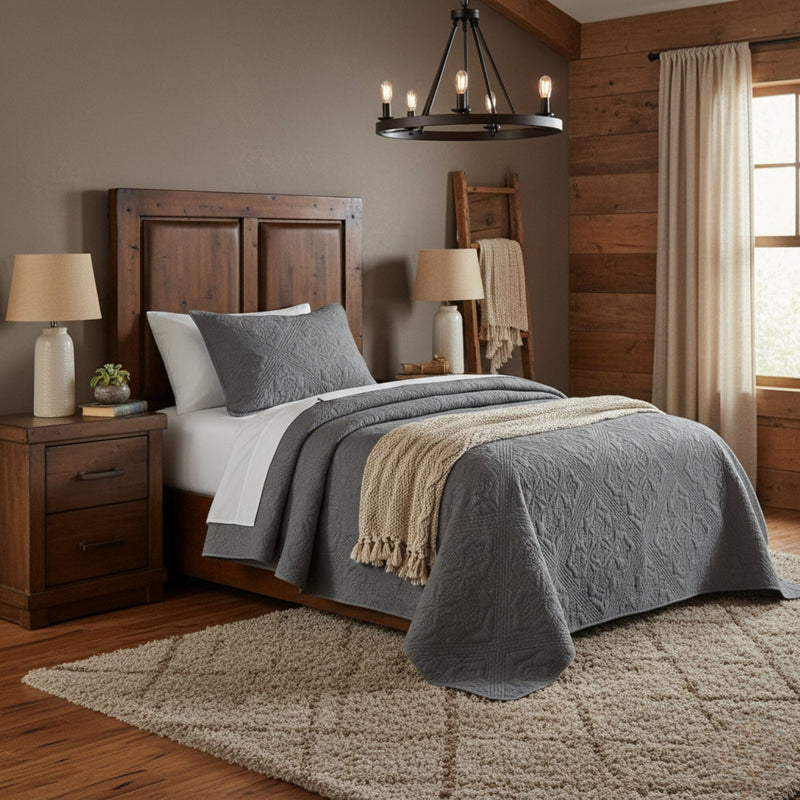 DaDa Bedding Floral Vintage Stone Wash Grey Matelassé Ash Silver Diamond Pattern Quilted Bedspread Set (JHW855)