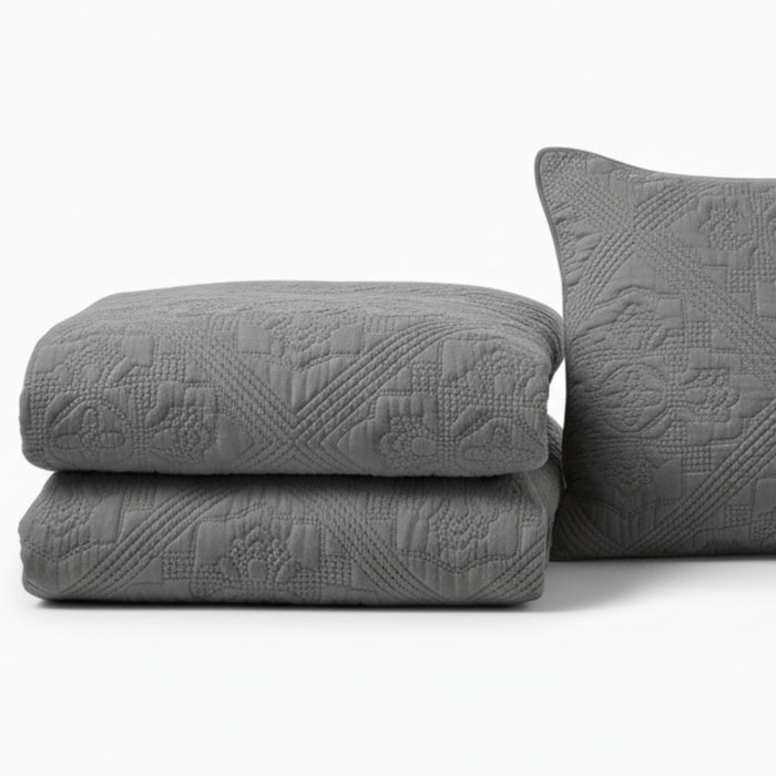 DaDa Bedding Floral Vintage Stone Wash Grey Matelassé Ash Silver Diamond Pattern Quilted Bedspread Set (JHW855)