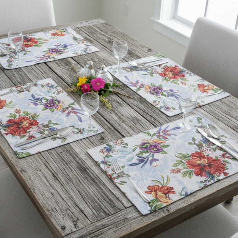 DaDa Bedding Set of 4-Pieces Tropical Sky Blue Birds Floral Tapestry Dining Table Placemats 13” x 19” (18116)
