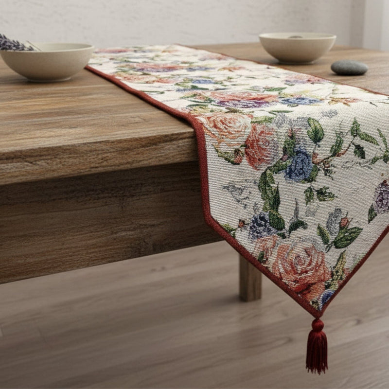 DaDa Bedding Vintage Romantic Roses Lovely Pink Floral Woven Tapestry Dining Table Runner (879)