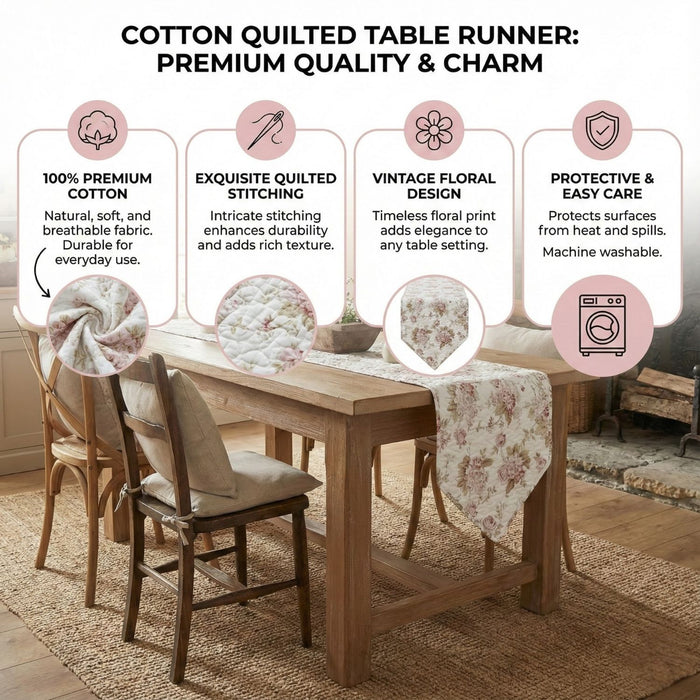 DaDa Bedding Hint of Mint Cottage Floral Roses Quilted Cotton Dining Table Runner (3036)