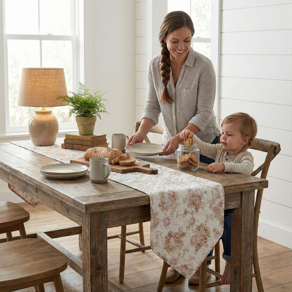 DaDa Bedding Hint of Mint Cottage Floral Roses Quilted Cotton Dining Table Runner (3036)