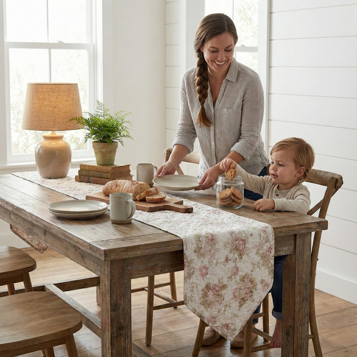 DaDa Bedding Hint of Mint Cottage Floral Roses Quilted Cotton Dining Table Runner (3036)