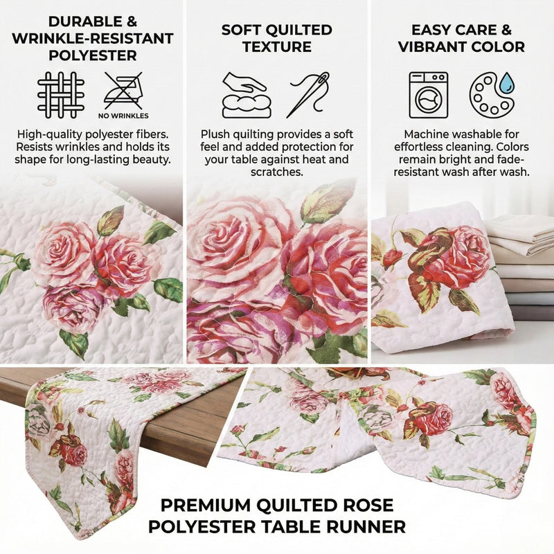 DaDa Bedding Romantic Roses Pink White Lovely Floral Quilted Dining Table Runner (879)