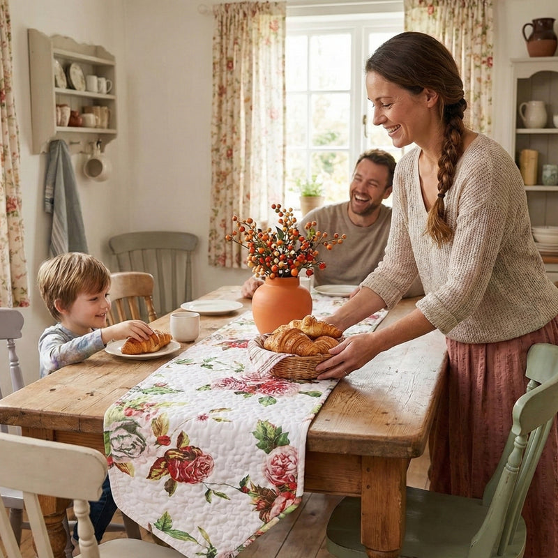 DaDa Bedding Romantic Roses Pink White Lovely Floral Quilted Dining Table Runner (879)