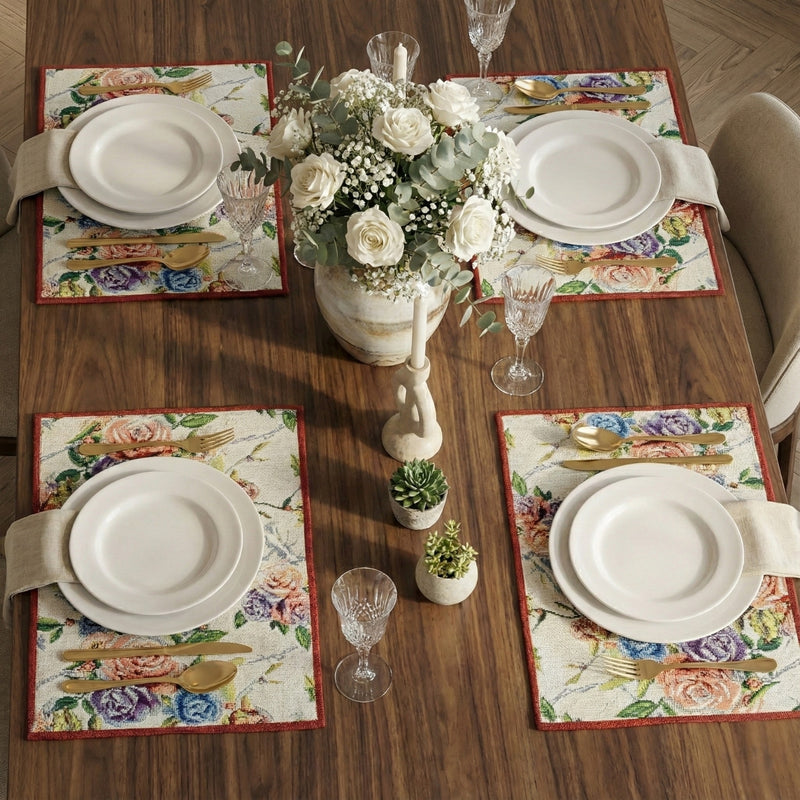 DaDa Bedding Set of 4-Pieces Vintage Romantic Roses Lovely Pink Floral Tapestry Placemats 13” x 19” (879)